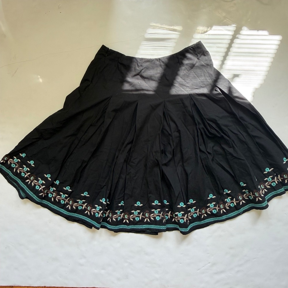 New York & Company Black Cotton Midi Skirt Teal Floral Embroidery 90s Boho 6
